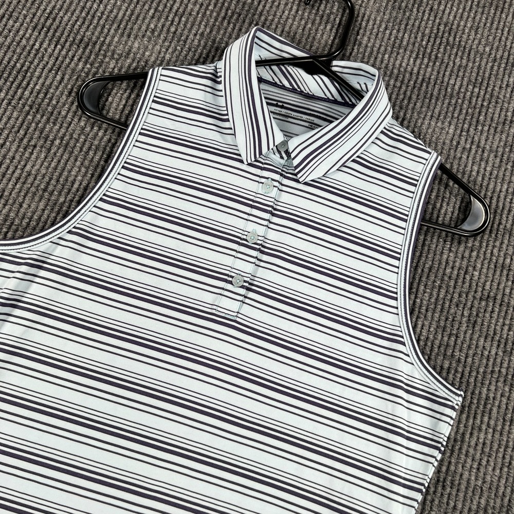 Under Armour Polo Shirt Womens Small Blue Striped Sleeveless Fitted Heat Gear